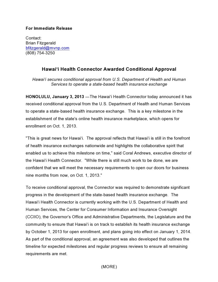 Hawaii Health Connector Awarded Conditional Approval pg1