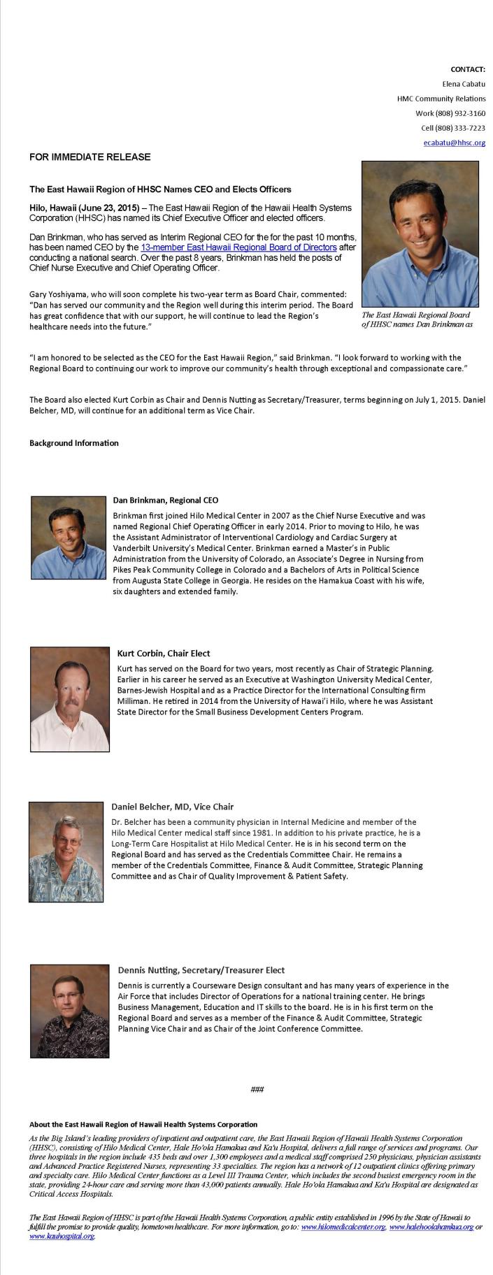 EHR Board CEO Announcement