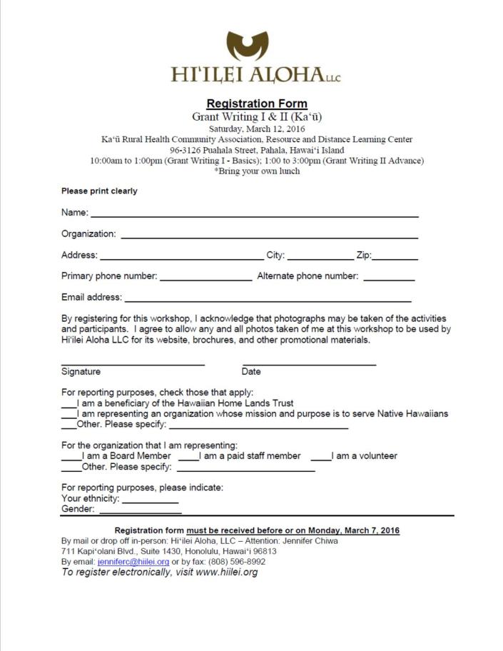 Hiilei AlohaRegistration Form Grant Writing Kau - Mar  2016